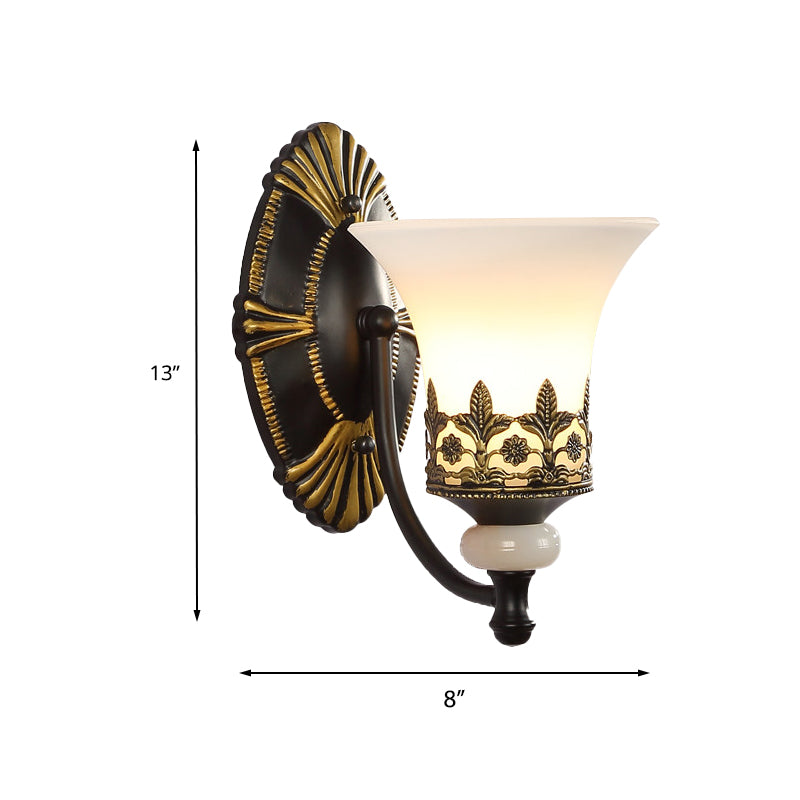 Black Bell Wall Mounted Light Traditional White Glass Shade 1/2-Light Bedroom Wall Sconce with Metal Curvy Arm Clearhalo 'Wall Lamps & Sconces' 'Wall Lights' Lighting' 224100