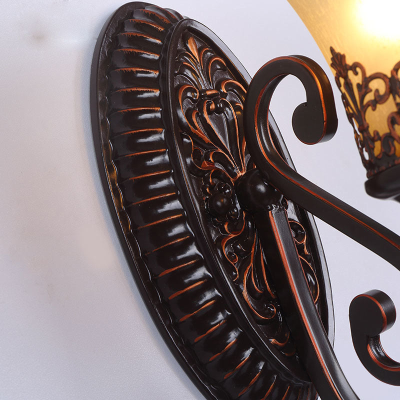 Frosted Glass Red Brown Wall Sconce Bell 1/2-Bulb Vintage Wall Light Fixture with Carved Backplate for Bedroom Clearhalo 'Wall Lamps & Sconces' 'Wall Lights' Lighting' 224127