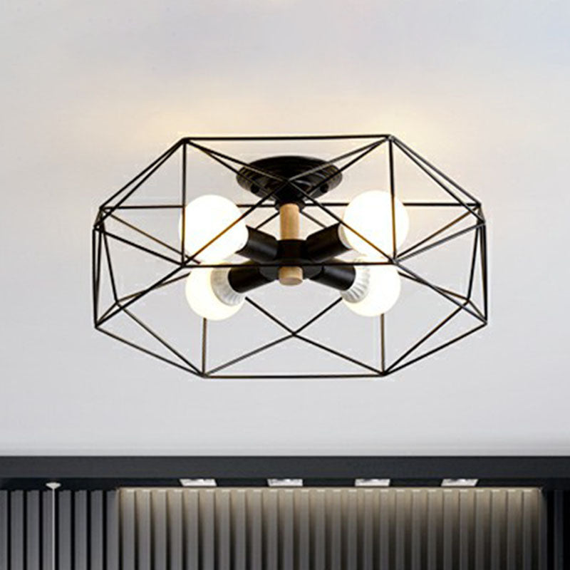 Industrial Fan Cage Semi Flush Mount Iron Flushmount Ceiling Light for Living Room Clearhalo 'Ceiling Lights' 'Close To Ceiling Lights' 'Close to ceiling' 'Semi-flushmount' Lighting' 2241283