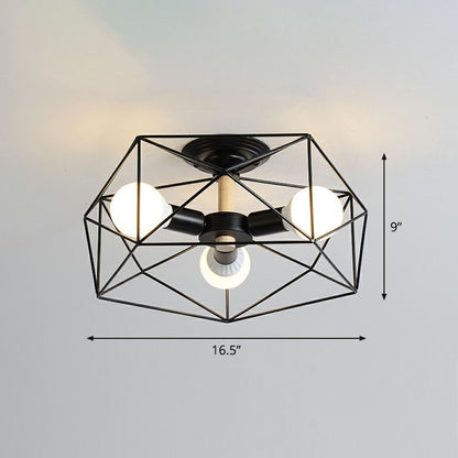 Industrial Fan Cage Semi Flush Mount Iron Flushmount Ceiling Light for Living Room 3 Black Clearhalo 'Ceiling Lights' 'Close To Ceiling Lights' 'Close to ceiling' 'Semi-flushmount' Lighting' 2241286