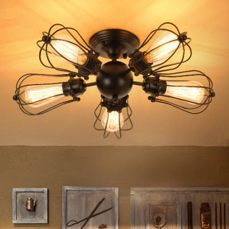 Radial Shape Iron Semi Flush Ceiling Light Vintage Restaurant Flush Mount Lighting with Cage in Black Clearhalo 'Ceiling Lights' 'Close To Ceiling Lights' 'Close to ceiling' 'Semi-flushmount' Lighting' 2241294