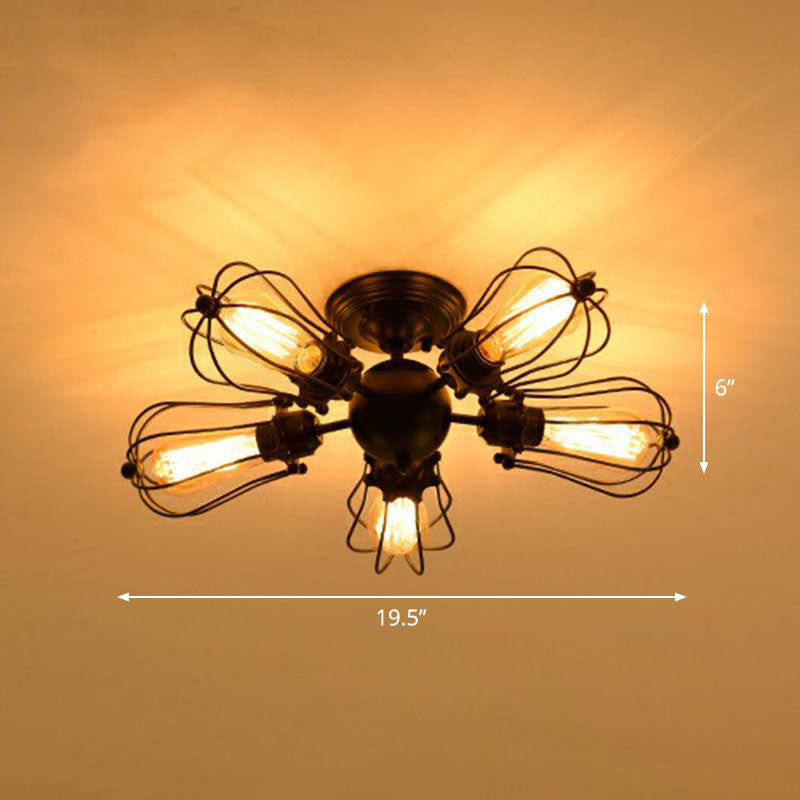 Radial Shape Iron Semi Flush Ceiling Light Vintage Restaurant Flush Mount Lighting with Cage in Black Black A Clearhalo 'Ceiling Lights' 'Close To Ceiling Lights' 'Close to ceiling' 'Semi-flushmount' Lighting' 2241296