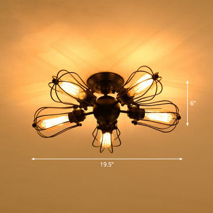 Radial Shape Iron Semi Flush Ceiling Light Vintage Restaurant Flush Mount Lighting with Cage in Black Black A Clearhalo 'Ceiling Lights' 'Close To Ceiling Lights' 'Close to ceiling' 'Semi-flushmount' Lighting' 2241296