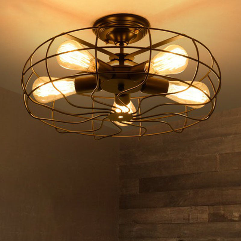 Radial Shape Iron Semi Flush Ceiling Light Vintage Restaurant Flush Mount Lighting with Cage in Black Clearhalo 'Ceiling Lights' 'Close To Ceiling Lights' 'Close to ceiling' 'Semi-flushmount' Lighting' 2241298
