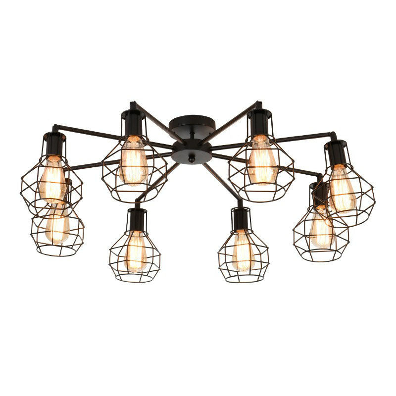 Radial Shape Iron Semi Flush Ceiling Light Vintage Restaurant Flush Mount Lighting with Cage in Black Clearhalo 'Ceiling Lights' 'Close To Ceiling Lights' 'Close to ceiling' 'Semi-flushmount' Lighting' 2241299