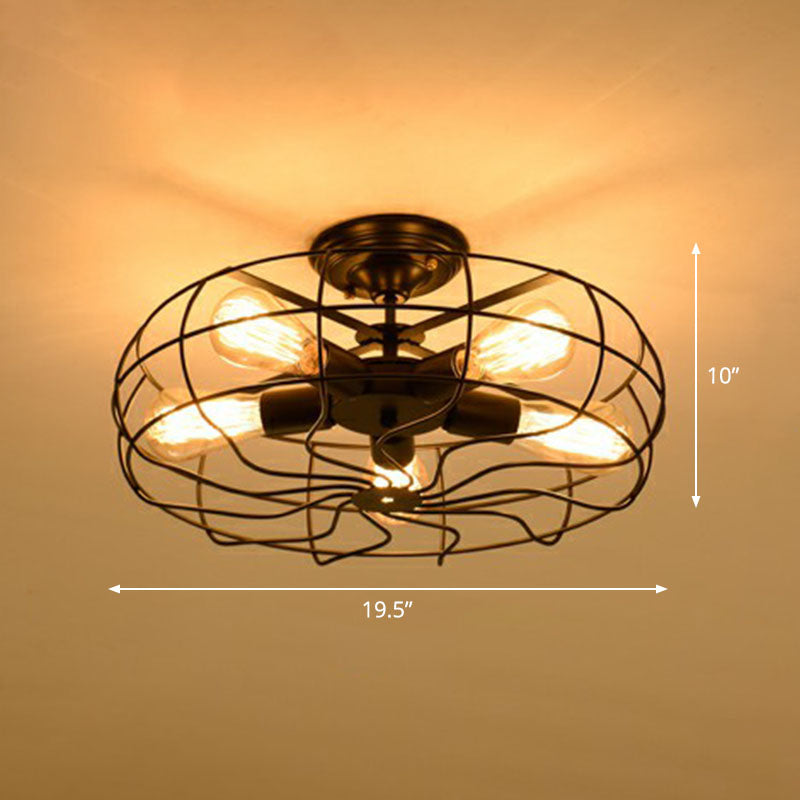 Radial Shape Iron Semi Flush Ceiling Light Vintage Restaurant Flush Mount Lighting with Cage in Black Black B Clearhalo 'Ceiling Lights' 'Close To Ceiling Lights' 'Close to ceiling' 'Semi-flushmount' Lighting' 2241300
