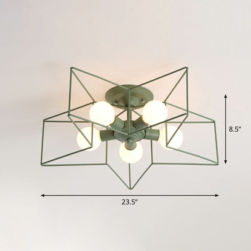 Iron Five-Pointed Star Semi Flush Light Simplicity 5 Bulbs Living Room Flush Ceiling Light Fixture Green Clearhalo 'Ceiling Lights' 'Close To Ceiling Lights' 'Close to ceiling' 'Semi-flushmount' Lighting' 2241308