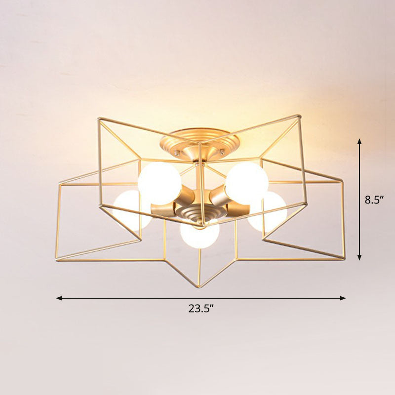 Iron Five-Pointed Star Semi Flush Light Simplicity 5 Bulbs Living Room Flush Ceiling Light Fixture Gold Clearhalo 'Ceiling Lights' 'Close To Ceiling Lights' 'Close to ceiling' 'Semi-flushmount' Lighting' 2241310