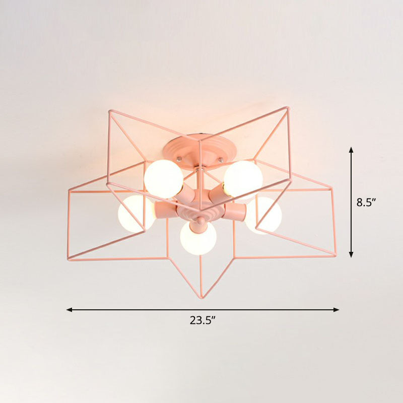 Iron Five-Pointed Star Semi Flush Light Simplicity 5 Bulbs Living Room Flush Ceiling Light Fixture Pink Clearhalo 'Ceiling Lights' 'Close To Ceiling Lights' 'Close to ceiling' 'Semi-flushmount' Lighting' 2241313