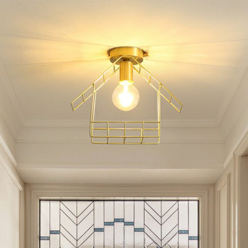 Metallic House Shaped Semi Flush Light Simplicity Single Corridor Flush Ceiling Light Fixture in Gold Gold Clearhalo 'Ceiling Lights' 'Close To Ceiling Lights' 'Close to ceiling' 'Semi-flushmount' Lighting' 2241346