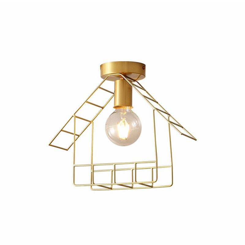 Metallic House Shaped Semi Flush Light Simplicity Single Corridor Flush Ceiling Light Fixture in Gold Clearhalo 'Ceiling Lights' 'Close To Ceiling Lights' 'Close to ceiling' 'Semi-flushmount' Lighting' 2241348