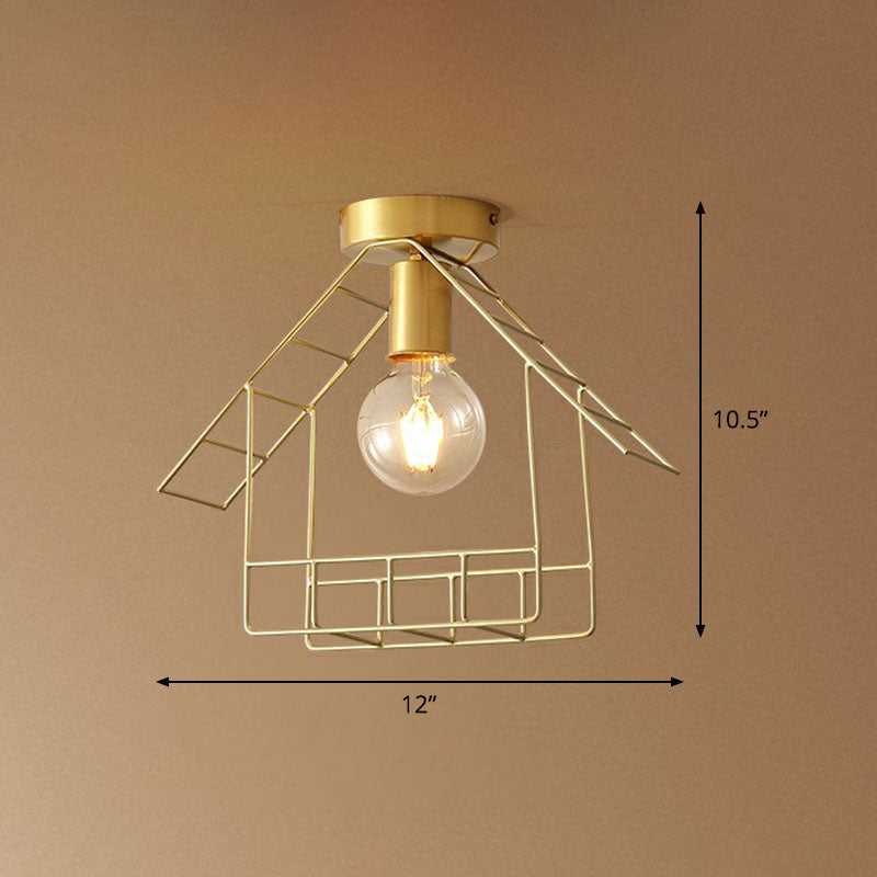Metallic House Shaped Semi Flush Light Simplicity Single Corridor Flush Ceiling Light Fixture in Gold Clearhalo 'Ceiling Lights' 'Close To Ceiling Lights' 'Close to ceiling' 'Semi-flushmount' Lighting' 2241349
