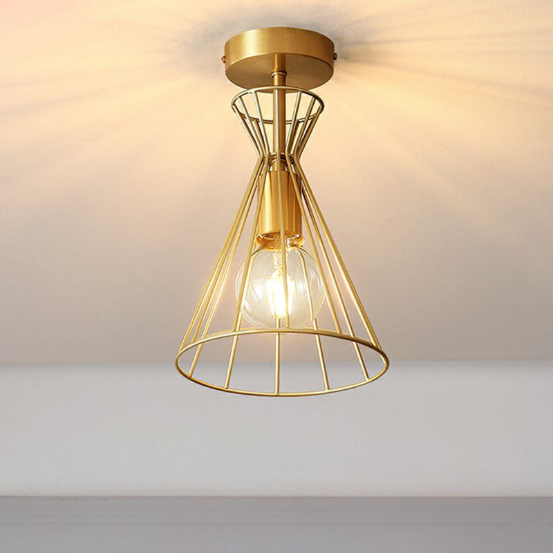 Vintage Hourglass Semi Flush Ceiling Light Single-Bulb Metal Flush Mount Lighting Fixture in Gold Gold Clearhalo 'Ceiling Lights' 'Close To Ceiling Lights' 'Close to ceiling' 'Semi-flushmount' Lighting' 2241357