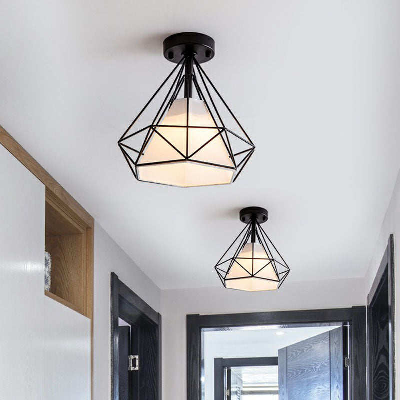 Iron Diamond Cage Semi Flush Light Simplicity Single Corridor Flush Ceiling Light Fixture Clearhalo 'Ceiling Lights' 'Close To Ceiling Lights' 'Close to ceiling' 'Semi-flushmount' Lighting' 2241375