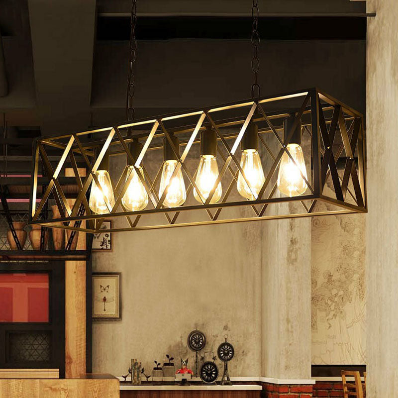 Rectangular Iron Island Pendant Lighting Vintage Dining Room Ceiling Light in Black 6 Black Clearhalo 'Ceiling Lights' 'Island Lights' Lighting' 2241423