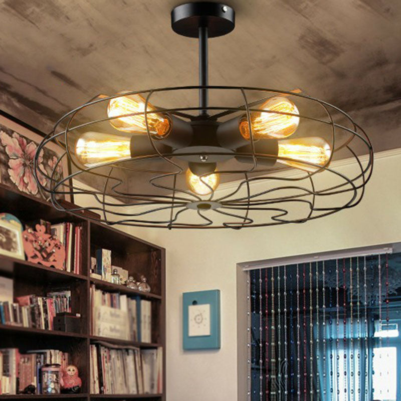 5 Bulbs Ceiling Lighting Simplicity Fan Cage Iron Chandelier Light Fixture in Black Clearhalo 'Cast Iron' 'Ceiling Lights' 'Chandeliers' 'Industrial Chandeliers' 'Industrial' 'Metal' 'Middle Century Chandeliers' 'Rustic Chandeliers' 'Tiffany' Lighting' 2241432