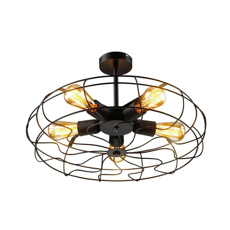 5 Bulbs Ceiling Lighting Simplicity Fan Cage Iron Chandelier Light Fixture in Black Clearhalo 'Cast Iron' 'Ceiling Lights' 'Chandeliers' 'Industrial Chandeliers' 'Industrial' 'Metal' 'Middle Century Chandeliers' 'Rustic Chandeliers' 'Tiffany' Lighting' 2241434