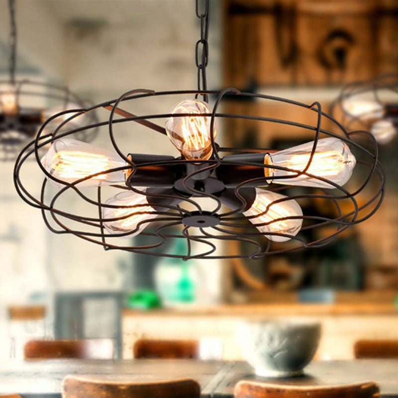 Retro Style Fan Cage Chandelier Pendant Light 5 Heads Iron Hanging Light in Black Black Clearhalo 'Cast Iron' 'Ceiling Lights' 'Chandeliers' 'Industrial Chandeliers' 'Industrial' 'Metal' 'Middle Century Chandeliers' 'Rustic Chandeliers' 'Tiffany' Lighting' 2241435