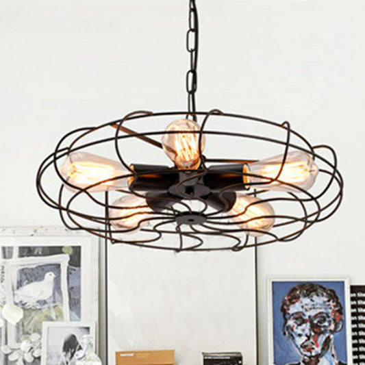 Retro Style Fan Cage Chandelier Pendant Light 5 Heads Iron Hanging Light in Black Clearhalo 'Cast Iron' 'Ceiling Lights' 'Chandeliers' 'Industrial Chandeliers' 'Industrial' 'Metal' 'Middle Century Chandeliers' 'Rustic Chandeliers' 'Tiffany' Lighting' 2241436