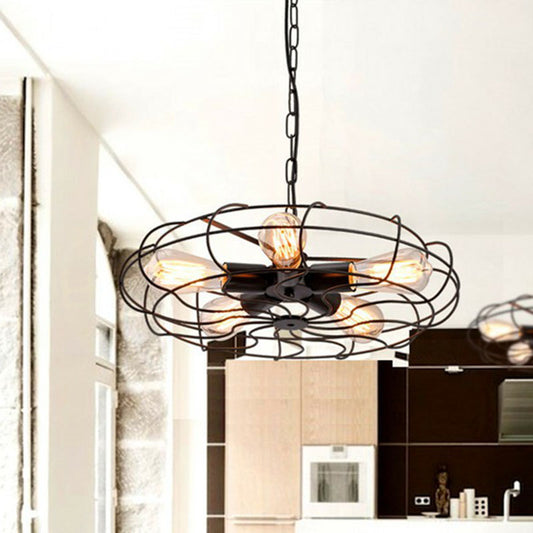 Retro Style Fan Cage Chandelier Pendant Light 5 Heads Iron Hanging Light in Black Clearhalo 'Cast Iron' 'Ceiling Lights' 'Chandeliers' 'Industrial Chandeliers' 'Industrial' 'Metal' 'Middle Century Chandeliers' 'Rustic Chandeliers' 'Tiffany' Lighting' 2241437
