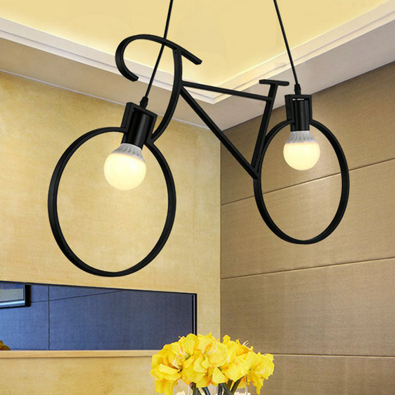 Bicycle Iron Chandelier Light Antique 2 Heads Restaurant Pendant Light Fixture in Black Black Clearhalo 'Cast Iron' 'Ceiling Lights' 'Chandeliers' 'Industrial Chandeliers' 'Industrial' 'Metal' 'Middle Century Chandeliers' 'Rustic Chandeliers' 'Tiffany' Lighting' 2241440
