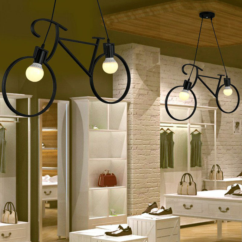 Bicycle Iron Chandelier Light Antique 2 Heads Restaurant Pendant Light Fixture in Black Clearhalo 'Cast Iron' 'Ceiling Lights' 'Chandeliers' 'Industrial Chandeliers' 'Industrial' 'Metal' 'Middle Century Chandeliers' 'Rustic Chandeliers' 'Tiffany' Lighting' 2241442
