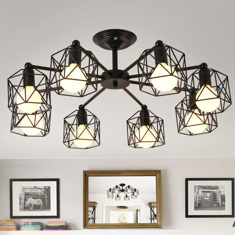 Iron Hexagonal Cage Suspension Light Simplicity Clothes Shop Chandelier Light in Black 8 Black Clearhalo 'Cast Iron' 'Ceiling Lights' 'Chandeliers' 'Industrial Chandeliers' 'Industrial' 'Metal' 'Middle Century Chandeliers' 'Rustic Chandeliers' 'Tiffany' Lighting' 2241445