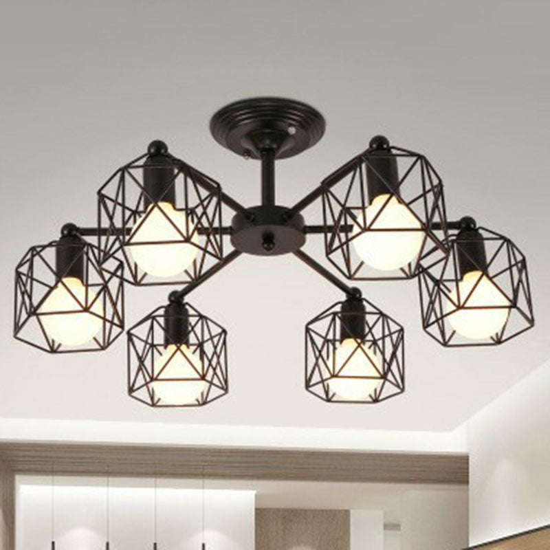 Iron Hexagonal Cage Suspension Light Simplicity Clothes Shop Chandelier Light in Black 6 Black Clearhalo 'Cast Iron' 'Ceiling Lights' 'Chandeliers' 'Industrial Chandeliers' 'Industrial' 'Metal' 'Middle Century Chandeliers' 'Rustic Chandeliers' 'Tiffany' Lighting' 2241446