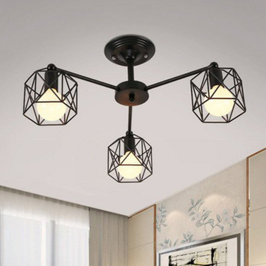 Iron Hexagonal Cage Suspension Light Simplicity Clothes Shop Chandelier Light in Black 3 Black Clearhalo 'Cast Iron' 'Ceiling Lights' 'Chandeliers' 'Industrial Chandeliers' 'Industrial' 'Metal' 'Middle Century Chandeliers' 'Rustic Chandeliers' 'Tiffany' Lighting' 2241448