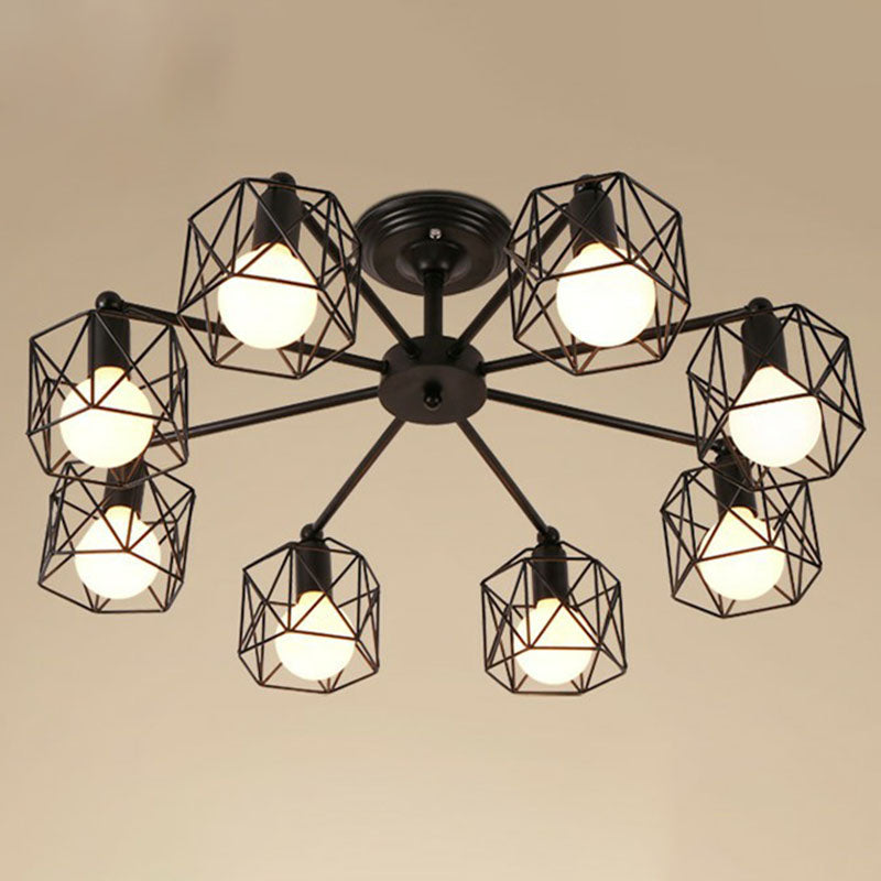 8 Bulbs Chandelier Lighting Retro Style Radial Iron Pendant Light in Black for Barbershop Black Polygon Clearhalo 'Cast Iron' 'Ceiling Lights' 'Chandeliers' 'Industrial Chandeliers' 'Industrial' 'Metal' 'Middle Century Chandeliers' 'Rustic Chandeliers' 'Tiffany' Lighting' 2241451