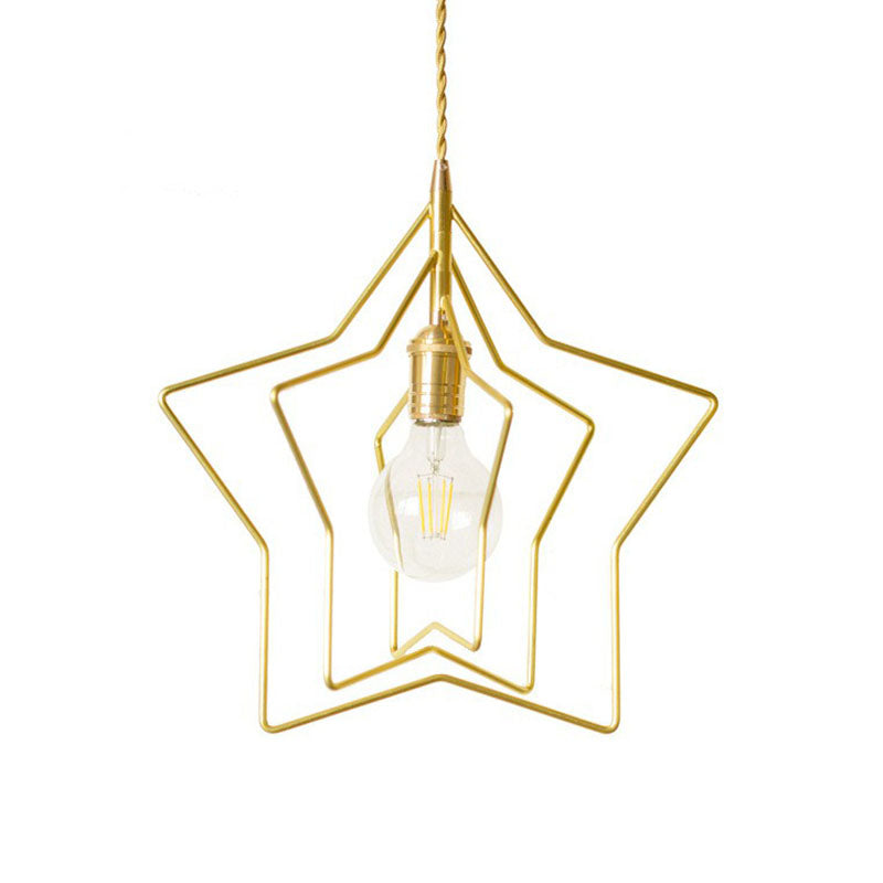 Star Frame Iron Suspension Lighting Retro Style 1 Head Restaurant Pendant Ceiling Light in Gold Gold Star Clearhalo 'Art Deco Pendants' 'Cast Iron' 'Ceiling Lights' 'Ceramic' 'Crystal' 'Industrial' 'Metal' 'Pendant Lights' 'Tiffany' Lighting' 2241514