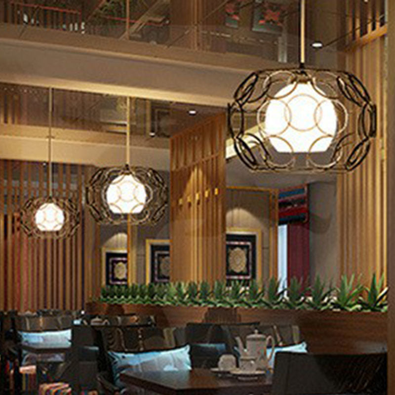Cream Glass Global Ceiling Light Industrial Single Restaurant Hanging Pendant Light with Metallic Cage Clearhalo 'Art Deco Pendants' 'Black' 'Cast Iron' 'Ceiling Lights' 'Ceramic' 'Crystal' 'Industrial Pendants' 'Industrial' 'Metal' 'Middle Century Pendants' 'Pendant Lights' 'Pendants' 'Rustic Pendants' 'Tiffany' Lighting' 2241516