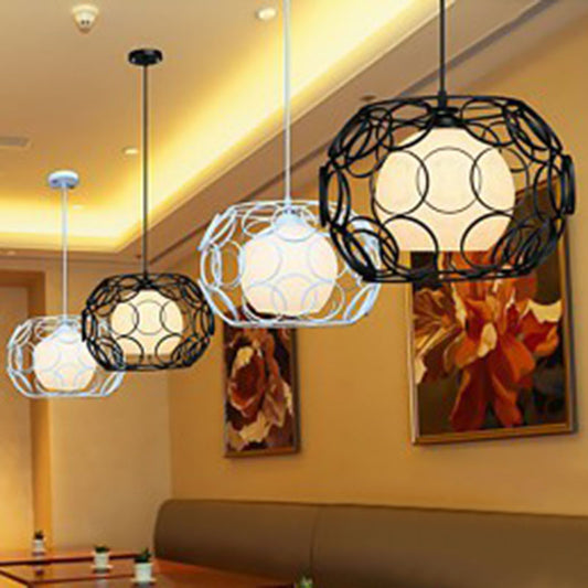 Cream Glass Global Ceiling Light Industrial Single Restaurant Hanging Pendant Light with Metallic Cage Clearhalo 'Art Deco Pendants' 'Black' 'Cast Iron' 'Ceiling Lights' 'Ceramic' 'Crystal' 'Industrial Pendants' 'Industrial' 'Metal' 'Middle Century Pendants' 'Pendant Lights' 'Pendants' 'Rustic Pendants' 'Tiffany' Lighting' 2241518