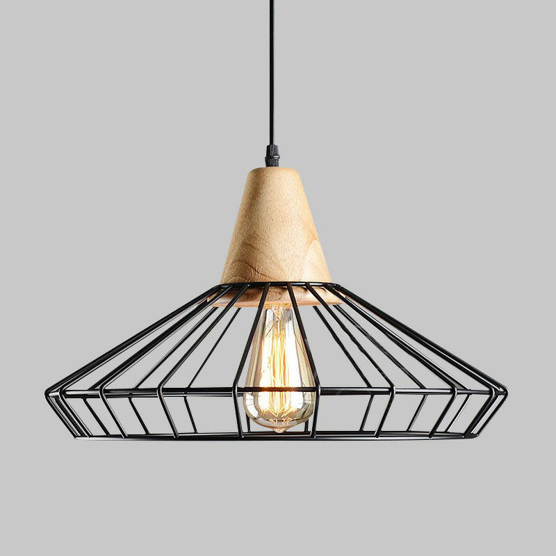 Antique Cage Shade Pendant Light 1-Light Iron Hanging Light Fixture with Wooden Top in Black Clearhalo 'Art Deco Pendants' 'Black' 'Cast Iron' 'Ceiling Lights' 'Ceramic' 'Crystal' 'Industrial Pendants' 'Industrial' 'Metal' 'Middle Century Pendants' 'Pendant Lights' 'Pendants' 'Rustic Pendants' 'Tiffany' Lighting' 2241528