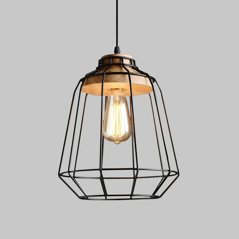 Antique Cage Shade Pendant Light 1-Light Iron Hanging Light Fixture with Wooden Top in Black Clearhalo 'Art Deco Pendants' 'Black' 'Cast Iron' 'Ceiling Lights' 'Ceramic' 'Crystal' 'Industrial Pendants' 'Industrial' 'Metal' 'Middle Century Pendants' 'Pendant Lights' 'Pendants' 'Rustic Pendants' 'Tiffany' Lighting' 2241531