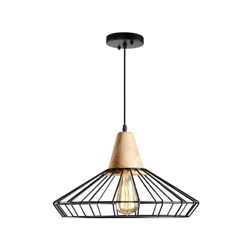 Antique Cage Shade Pendant Light 1-Light Iron Hanging Light Fixture with Wooden Top in Black Clearhalo 'Art Deco Pendants' 'Black' 'Cast Iron' 'Ceiling Lights' 'Ceramic' 'Crystal' 'Industrial Pendants' 'Industrial' 'Metal' 'Middle Century Pendants' 'Pendant Lights' 'Pendants' 'Rustic Pendants' 'Tiffany' Lighting' 2241532