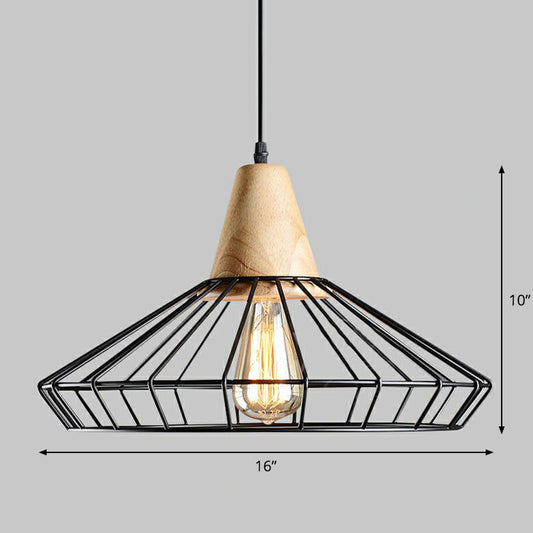 Antique Cage Shade Pendant Light 1-Light Iron Hanging Light Fixture with Wooden Top in Black Black A Clearhalo 'Art Deco Pendants' 'Black' 'Cast Iron' 'Ceiling Lights' 'Ceramic' 'Crystal' 'Industrial Pendants' 'Industrial' 'Metal' 'Middle Century Pendants' 'Pendant Lights' 'Pendants' 'Rustic Pendants' 'Tiffany' Lighting' 2241533