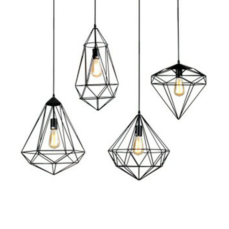 Iron Gemstone Frame Suspension Lighting Retro Style 1��Head Restaurant Pendant Ceiling Light in Black Clearhalo 'Ceiling Lights' 'Industrial Pendants' 'Industrial' 'Middle Century Pendants' 'Pendant Lights' 'Pendants' 'Tiffany' Lighting' 2241542_19efe174-f944-40a9-a7bd-fea548d7c48a