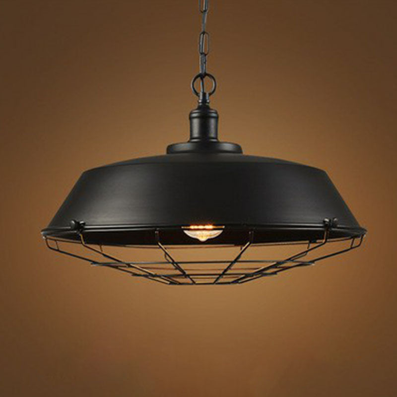 Industrial Hanging Lamp Vintage Pot Lid Iron Lighting Pendant with Cage Bottom in Black Clearhalo 'Art Deco Pendants' 'Black' 'Cast Iron' 'Ceiling Lights' 'Ceramic' 'Crystal' 'Industrial Pendants' 'Industrial' 'Metal' 'Middle Century Pendants' 'Pendant Lights' 'Pendants' 'Rustic Pendants' 'Tiffany' Lighting' 2241548