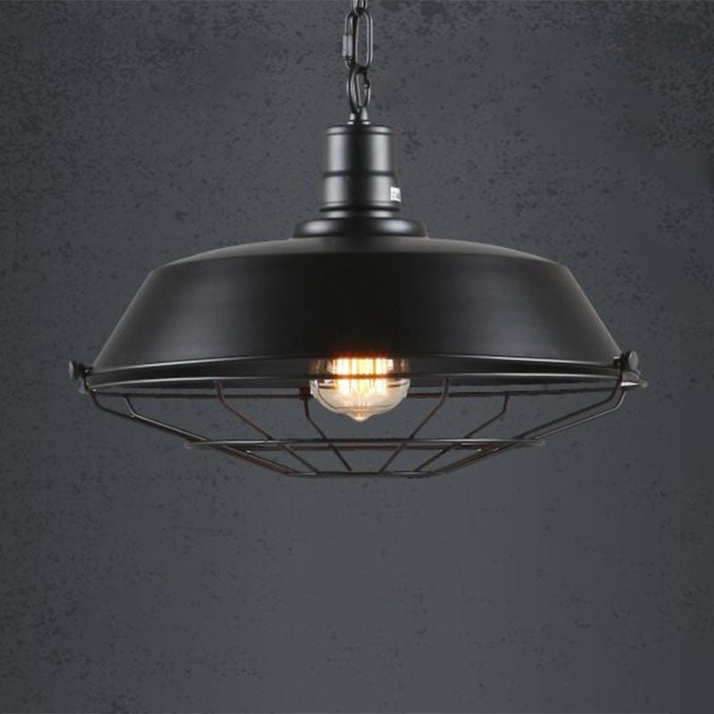 Industrial Hanging Lamp Vintage Pot Lid Iron Lighting Pendant with Cage Bottom in Black Clearhalo 'Art Deco Pendants' 'Black' 'Cast Iron' 'Ceiling Lights' 'Ceramic' 'Crystal' 'Industrial Pendants' 'Industrial' 'Metal' 'Middle Century Pendants' 'Pendant Lights' 'Pendants' 'Rustic Pendants' 'Tiffany' Lighting' 2241549