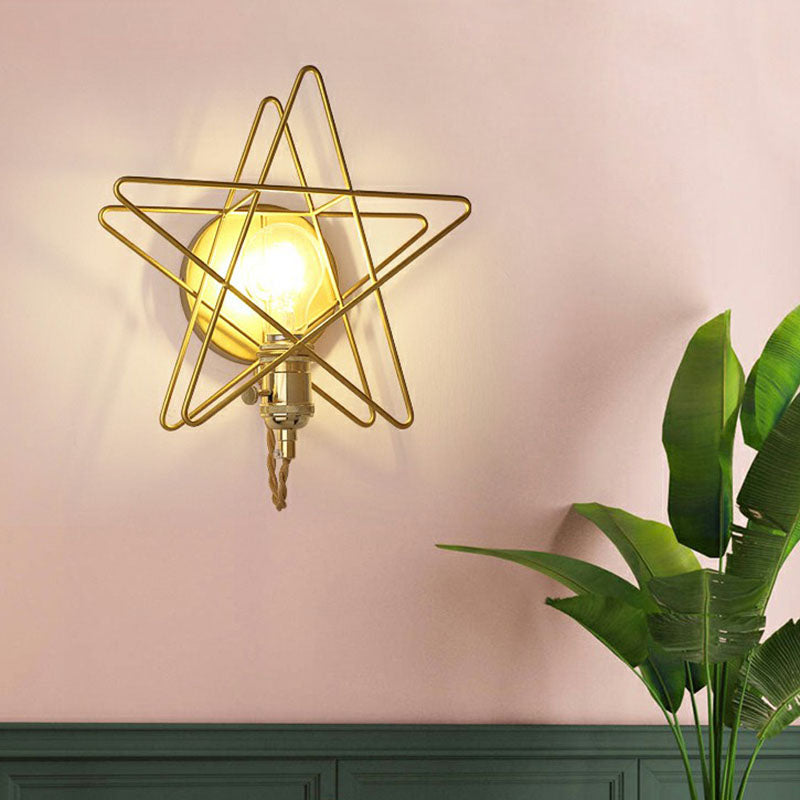 Star Cage Metallic Wall Lamp Simplicity 1 Bulb Bedside Wall Light Fixture in Gold Clearhalo 'Art deco wall lights' 'Cast Iron' 'Glass' 'Industrial wall lights' 'Industrial' 'Middle century wall lights' 'Modern' 'Rustic wall lights' 'Tiffany' 'Traditional wall lights' 'Wall Lamps & Sconces' 'Wall Lights' Lighting' 2241596
