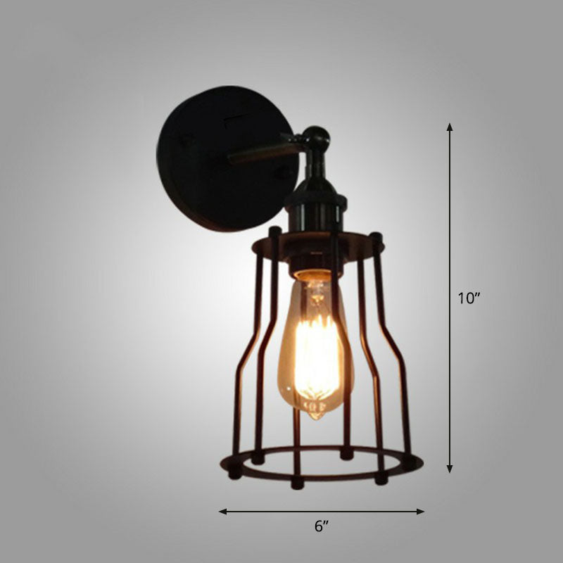 Iron Caged Wall Light Retro Style 1 Head Living Room Wall Lighting Fixture in Black Black B Clearhalo 'Art deco wall lights' 'Cast Iron' 'Glass' 'Industrial wall lights' 'Industrial' 'Middle century wall lights' 'Modern' 'Rustic wall lights' 'Tiffany' 'Traditional wall lights' 'Wall Lamps & Sconces' 'Wall Lights' Lighting' 2241604