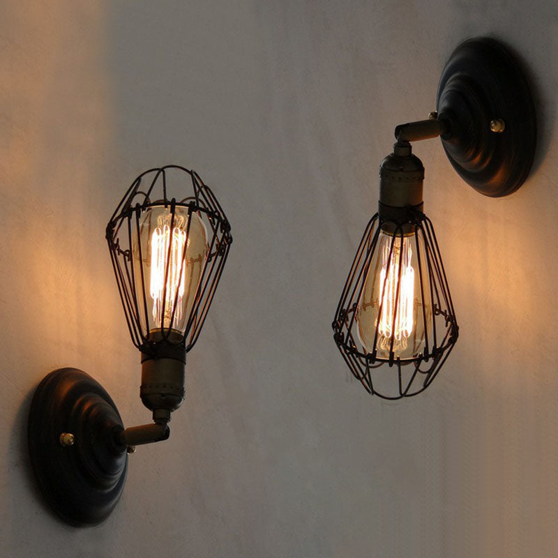 Single-Bulb Wall Mount Light Industrial Pear Cage Iron Wall Light Fixture in Black Clearhalo 'Art deco wall lights' 'Cast Iron' 'Glass' 'Industrial wall lights' 'Industrial' 'Middle century wall lights' 'Modern' 'Rustic wall lights' 'Tiffany' 'Traditional wall lights' 'Wall Lamps & Sconces' 'Wall Lights' Lighting' 2241607
