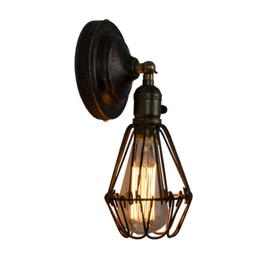 Single-Bulb Wall Mount Light Industrial Pear Cage Iron Wall Light Fixture in Black Clearhalo 'Art deco wall lights' 'Cast Iron' 'Glass' 'Industrial wall lights' 'Industrial' 'Middle century wall lights' 'Modern' 'Rustic wall lights' 'Tiffany' 'Traditional wall lights' 'Wall Lamps & Sconces' 'Wall Lights' Lighting' 2241609