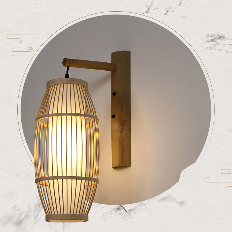 Bamboo Handmade Wall Lamp Nordic Style 1 Bulb Wood Wall Light Fixture for Corridor Wood A Clearhalo 'Wall Lamps & Sconces' 'Wall Lights' Lighting' 2241681