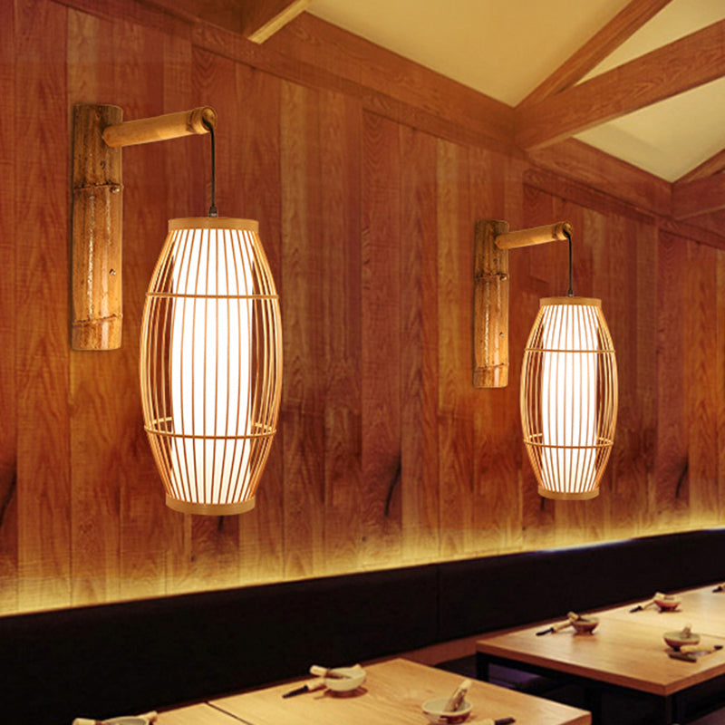 Barrel Bamboo Wall Light Minimalist 1 Head Wood Wall Lighting Fixture for Restaurant Clearhalo 'Wall Lamps & Sconces' 'Wall Lights' Lighting' 2241685