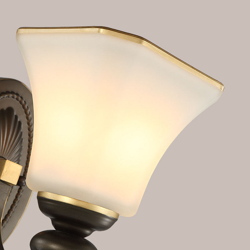 Retro Bell Wall Lamp 1 Light Frosted Glass Wall Sconce Light with Metal Curved Arm in Black for Porch Clearhalo 'Wall Lamps & Sconces' 'Wall Lights' Lighting' 224186