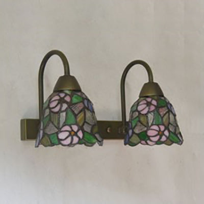 2 Heads Wall Mounted Light Tiffany Flared Red/Purple/Pink Glass Sconce Light Fixture with Flower Pattern Clearhalo 'Industrial' 'Middle century wall lights' 'Tiffany wall lights' 'Tiffany' 'Wall Lamps & Sconces' 'Wall Lights' Lighting' 22424