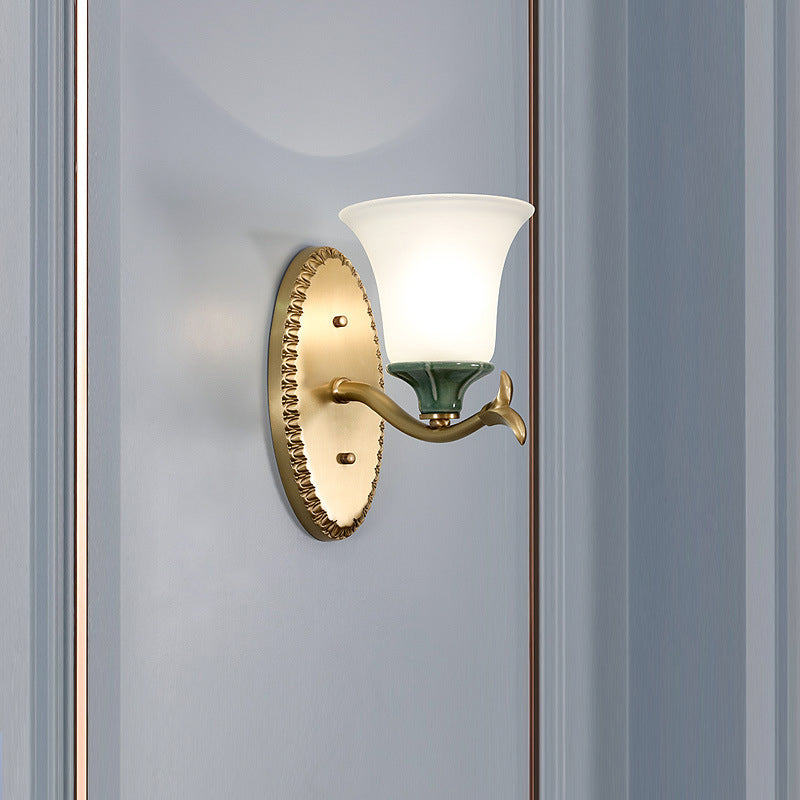 Frosted Glass Brass Wall Sconce Bell 1/2-Light Vintage Wall Mount Light Fixture with Elliptical Backplate for Foyer 1.0 Brass Clearhalo 'Wall Lamps & Sconces' 'Wall Lights' Lighting' 224269