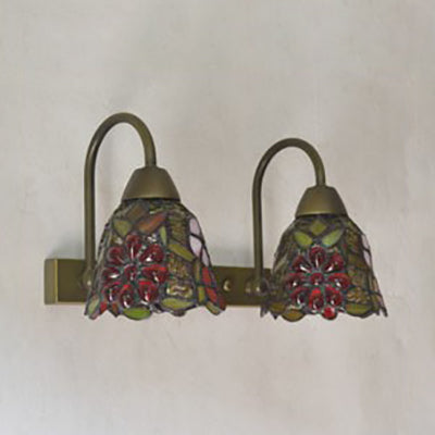 2 Heads Wall Mounted Light Tiffany Flared Red/Purple/Pink Glass Sconce Light Fixture with Flower Pattern Clearhalo 'Industrial' 'Middle century wall lights' 'Tiffany wall lights' 'Tiffany' 'Wall Lamps & Sconces' 'Wall Lights' Lighting' 22426